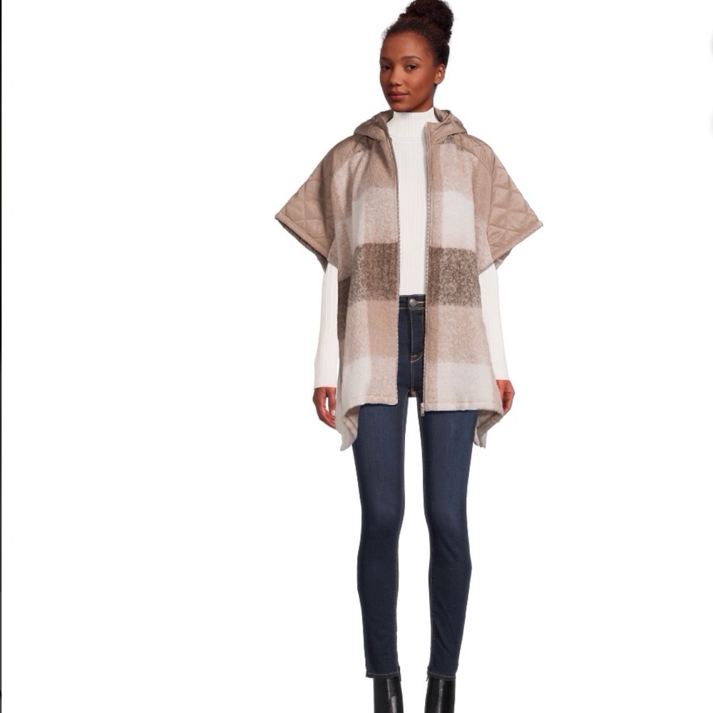 Plaid Zip Poncho with Hood